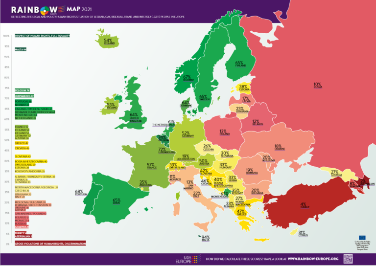 Die Regenbogenkarte der Organiation ILGA zeigt Europa. Die Länder haben verschiedene Farben (rot, grün und gelb). Deutschland ist hellgrün.